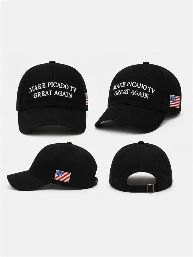 Gorra negra Make Picado TV Great Again con bandera de Estados Unidos